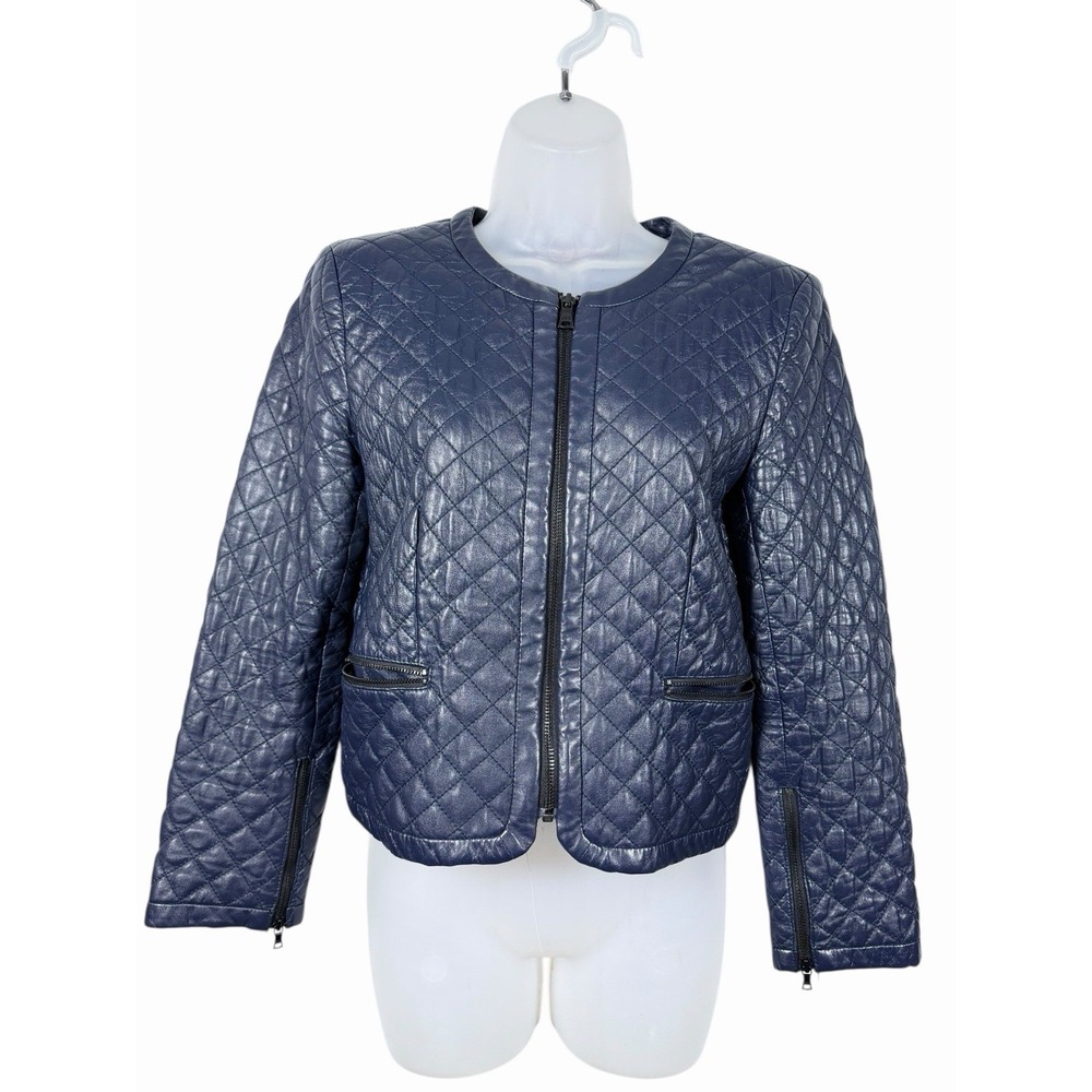 Alice + Olivia Quilted Blue‎ Lamb Leather Jacket Cropped Designer Moto Small